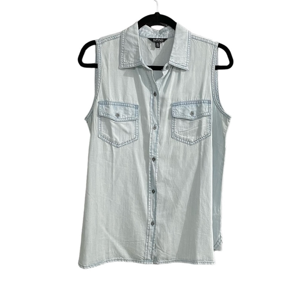 BUFFALO Sleeveless Button Front Blouse Chambray Light Blue S